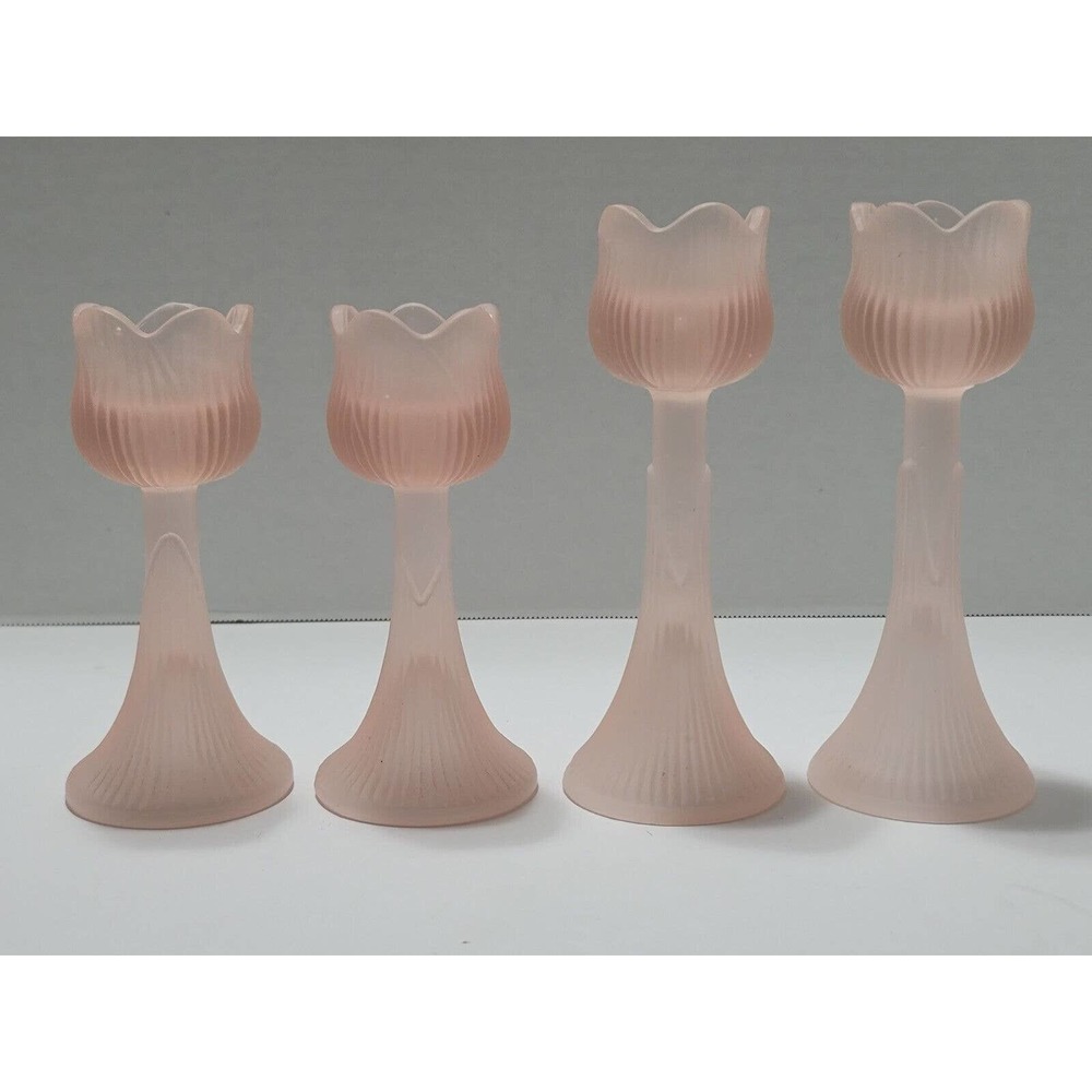 Lot of 4 Vintage Tiara Exclusive Pink Frosted Satin Tulip Canle Holders